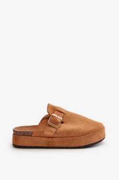 Discount Boto Damskie Klapki Chodaki Na Platformie Ze Złotą Klamrą Camel Terilaina Brązowy