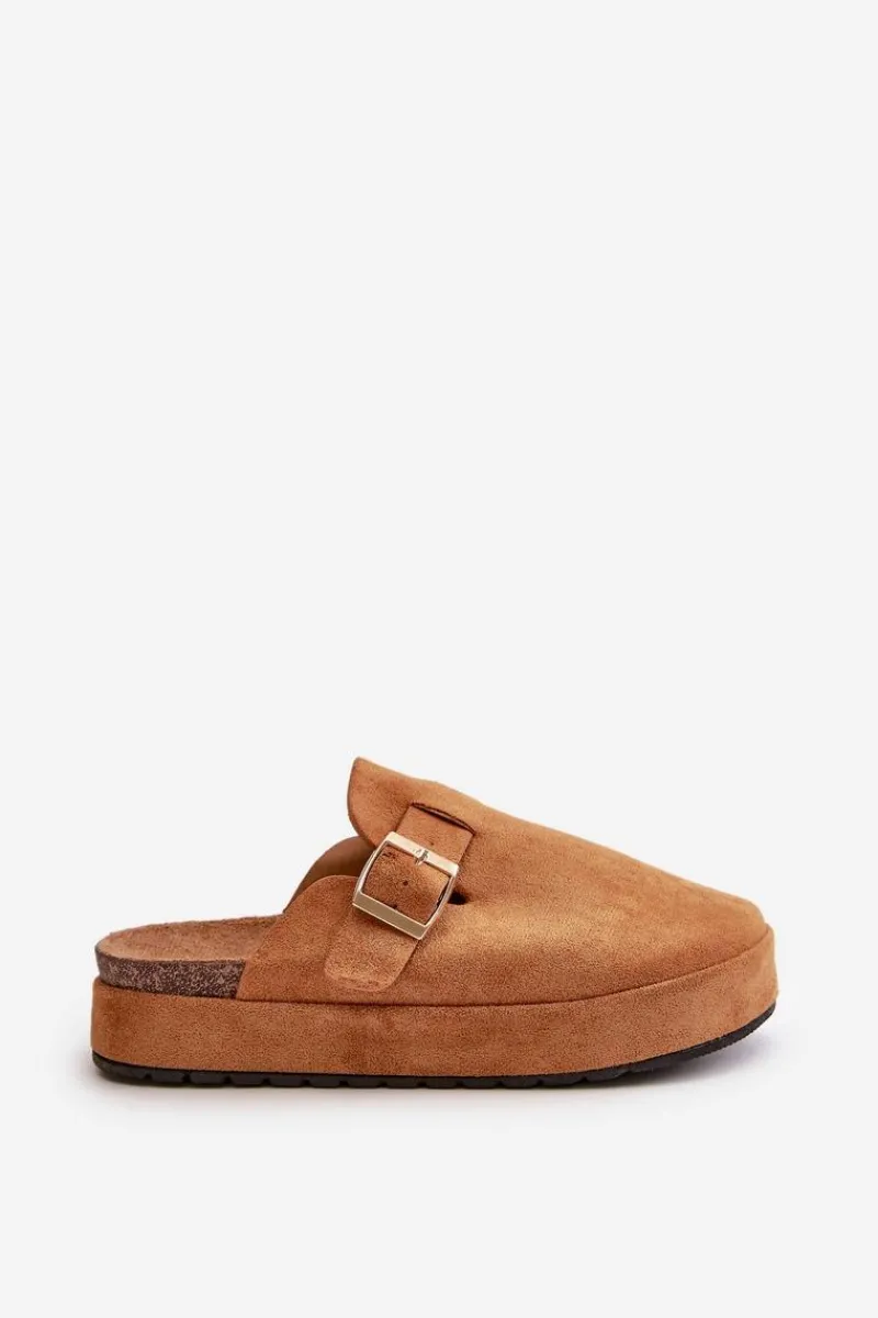 Discount Boto Damskie Klapki Chodaki Na Platformie Ze Złotą Klamrą Camel Terilaina Brązowy