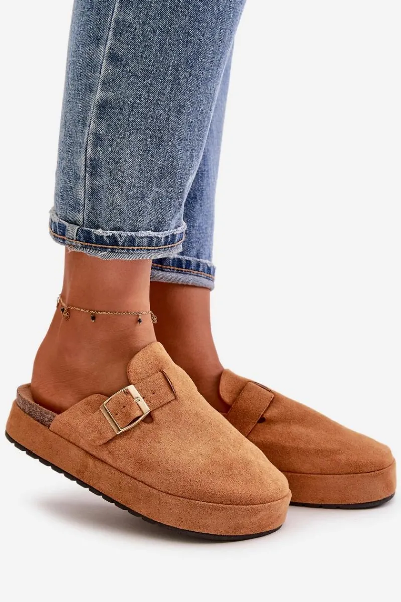 Discount Boto Damskie Klapki Chodaki Na Platformie Ze Złotą Klamrą Camel Terilaina Brązowy