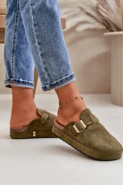 Online Boto Damskie Klapki Chodaki Na Platformie Ze Złotą Klamrą Ciemnozielone Terilaina