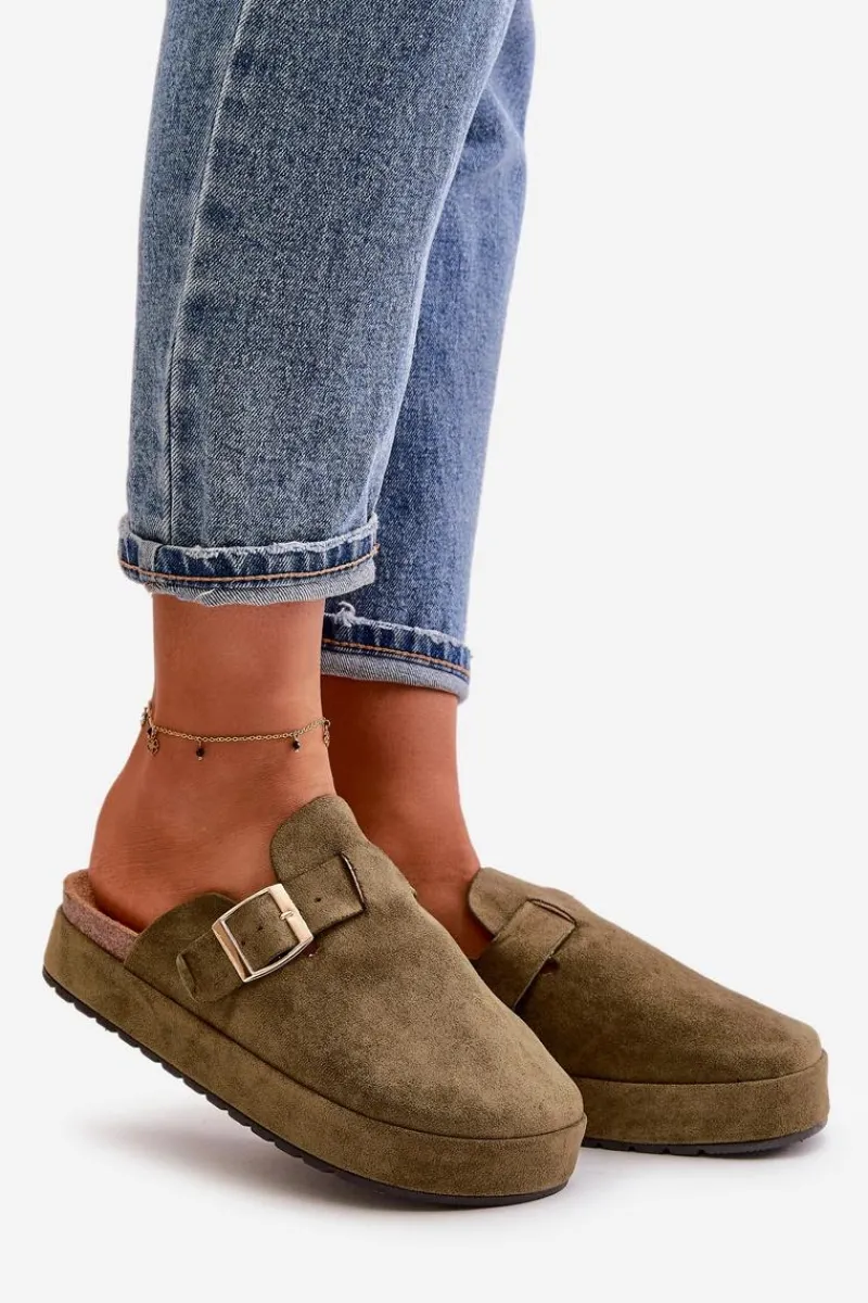 Online Boto Damskie Klapki Chodaki Na Platformie Ze Złotą Klamrą Ciemnozielone Terilaina