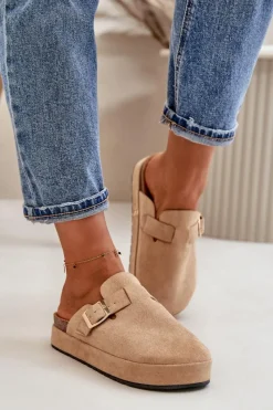 Klapki Na Platformie|Klapki Damskie Klasyczne>Boto Damskie Klapki Chodaki Na Platformie Ze Złotą Klamrą Ciemnobeżowe Terilaina