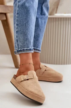 Klapki Na Platformie|Klapki Damskie Klasyczne>Boto Damskie Klapki Chodaki Na Platformie Ze Złotą Klamrą Ciemnobeżowe Terilaina