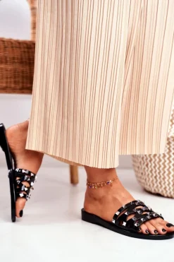 Klapki Damskie Klasyczne>Boto Damskie Klapki Czarne Gumowe Ćwieki Patty