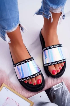 Sale Damskie Klapki Czarne Opalizujące Nerdo Damskie Klapki Damskie Klasyczne