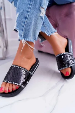 Damskie Klapki Czarne Opalizujące Nice Damskie Klapki Damskie Klasyczne