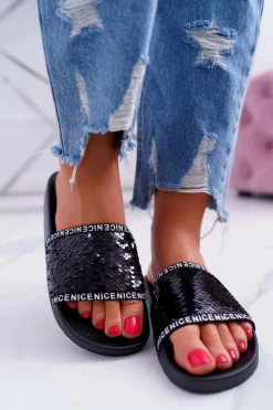 Damskie Klapki Czarne Opalizujące Nice Damskie Klapki Damskie Klasyczne