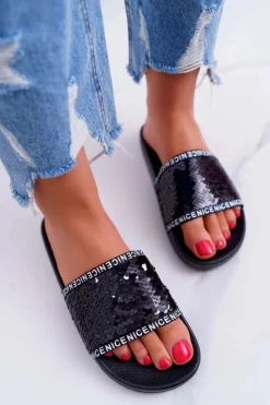 Damskie Klapki Czarne Opalizujące Nice Damskie Klapki Damskie Klasyczne