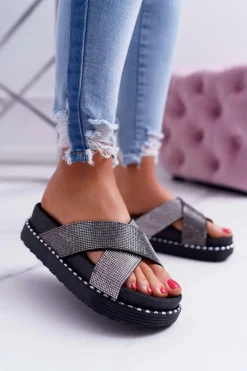 Online Boto Damskie Klapki Czarne z Kryształkami Belmondo