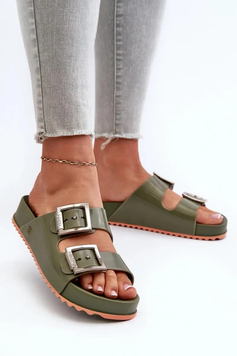 Sale Damskie Klapki Gładkie NN285057 Ciemnozielone Damskie Klapki Damskie Klasyczne