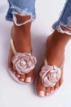 Hot Damskie Klapki Japonki Beżowe Kwiat Brokat Elenda Damskie Klapki Damskie Japonki