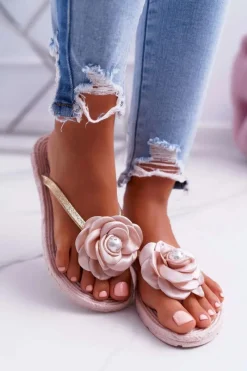 Hot Damskie Klapki Japonki Beżowe Kwiat Brokat Elenda Damskie Klapki Damskie Japonki