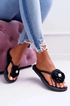 Klapki Damskie Japonki>Boto Damskie Klapki Japonki Czarne Kwiat Brokat Elenda