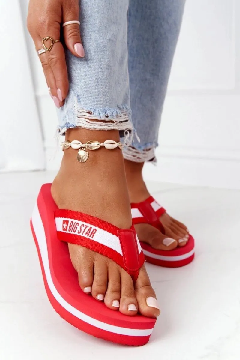 Best Big Star Shoes Damskie Klapki Japonki Na Koturnie Big Star HH274A095 Czerwone