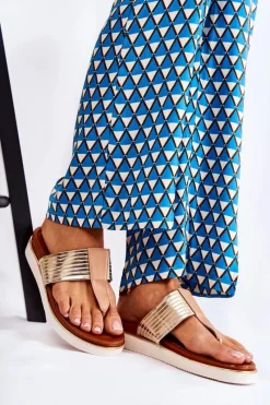 Damskie Klapki Japonki Na Platformie Beżowo-Złote Morissa Damskie Klapki Damskie Big Star|Klapki Damskie Japonki