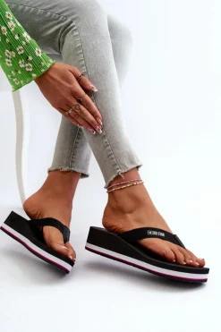 Clearance Big Star Shoes Damskie Klapki Japonki Na Koturnie Big Star JJ274A332 Czarne Czarny