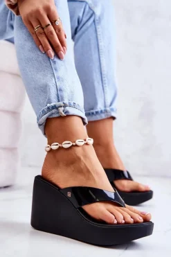 Damskie Klapki Japonki Na Koturnie HH285292 Czarne Damskie Klapki Na Koturnie|Klapki Na Obcasie