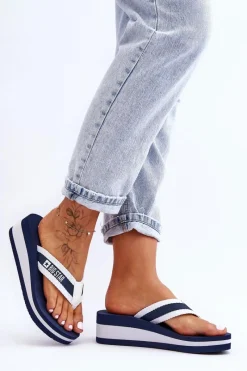 Best Damskie Klapki Japonki Na Koturnie Big Star HH274A094 Granatowe Damskie Klapki Na Koturnie|Klapki Na Obcasie