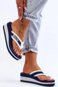 Best Damskie Klapki Japonki Na Koturnie Big Star HH274A094 Granatowe Damskie Klapki Na Koturnie|Klapki Na Obcasie