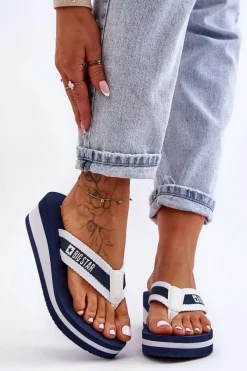 Best Damskie Klapki Japonki Na Koturnie Big Star HH274A094 Granatowe Damskie Klapki Na Koturnie|Klapki Na Obcasie