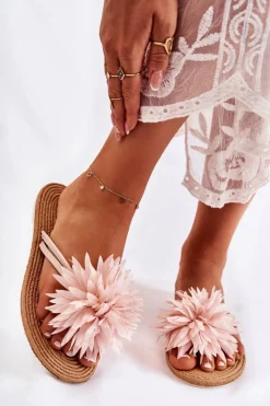 Clearance Boto Damskie Klapki Japonki Z Materiałową Ozdobą Jasnoróżowe Eviana