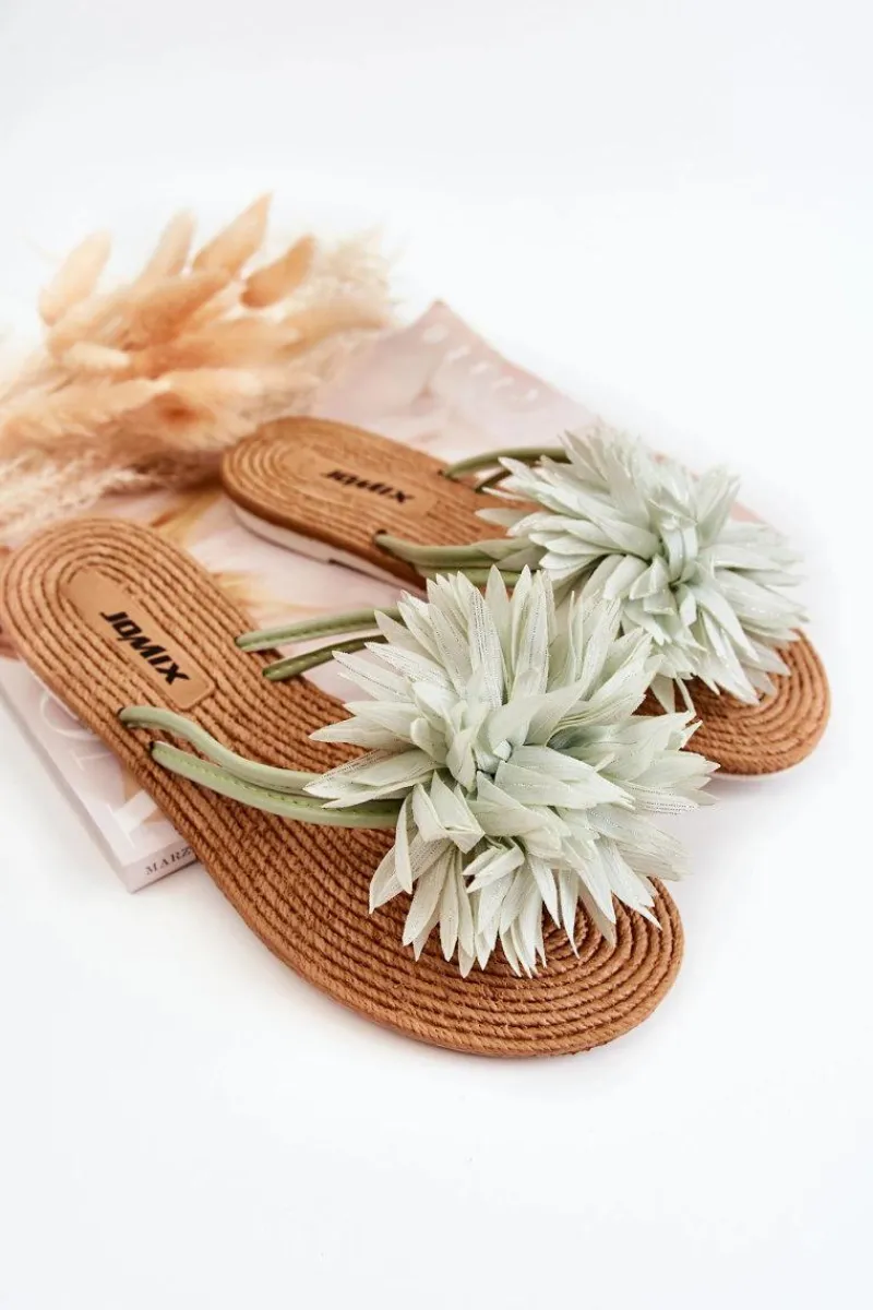 Klapki Damskie Japonki>Boto Damskie Klapki Japonki Z Materiałową Ozdobą Zielone Eviana