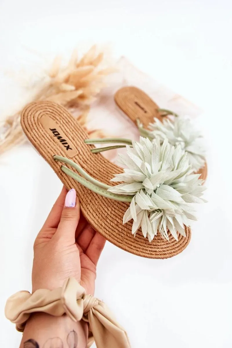 Klapki Damskie Japonki>Boto Damskie Klapki Japonki Z Materiałową Ozdobą Zielone Eviana