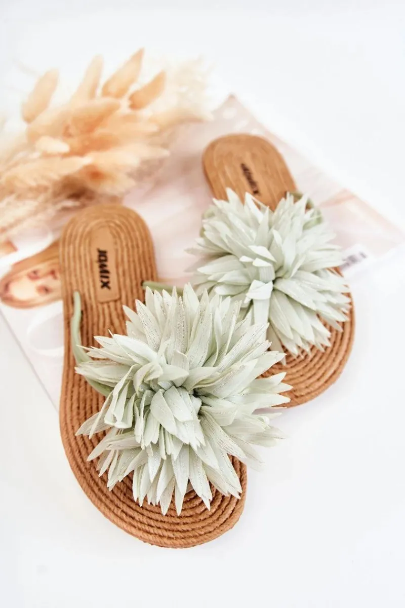 Klapki Damskie Japonki>Boto Damskie Klapki Japonki Z Materiałową Ozdobą Zielone Eviana