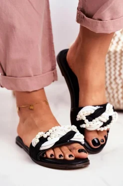 New Boto Damskie Klapki Lu Boo Czarne Perełki Plecionki Flora