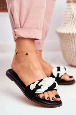 New Boto Damskie Klapki Lu Boo Czarne Perełki Plecionki Flora
