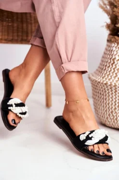 New Boto Damskie Klapki Lu Boo Czarne Perełki Plecionki Flora