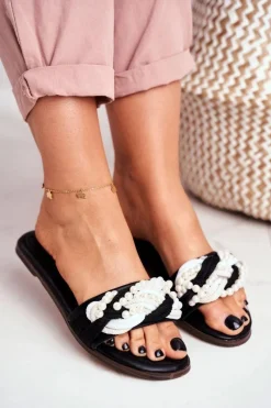 New Boto Damskie Klapki Lu Boo Czarne Perełki Plecionki Flora