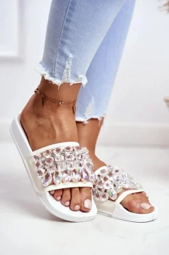 Klapki Damskie Klasyczne>Boto Damskie Klapki Lu Boo Kryształki Białe Bobbi