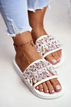 Klapki Damskie Klasyczne>Boto Damskie Klapki Lu Boo Kryształki Białe Bobbi