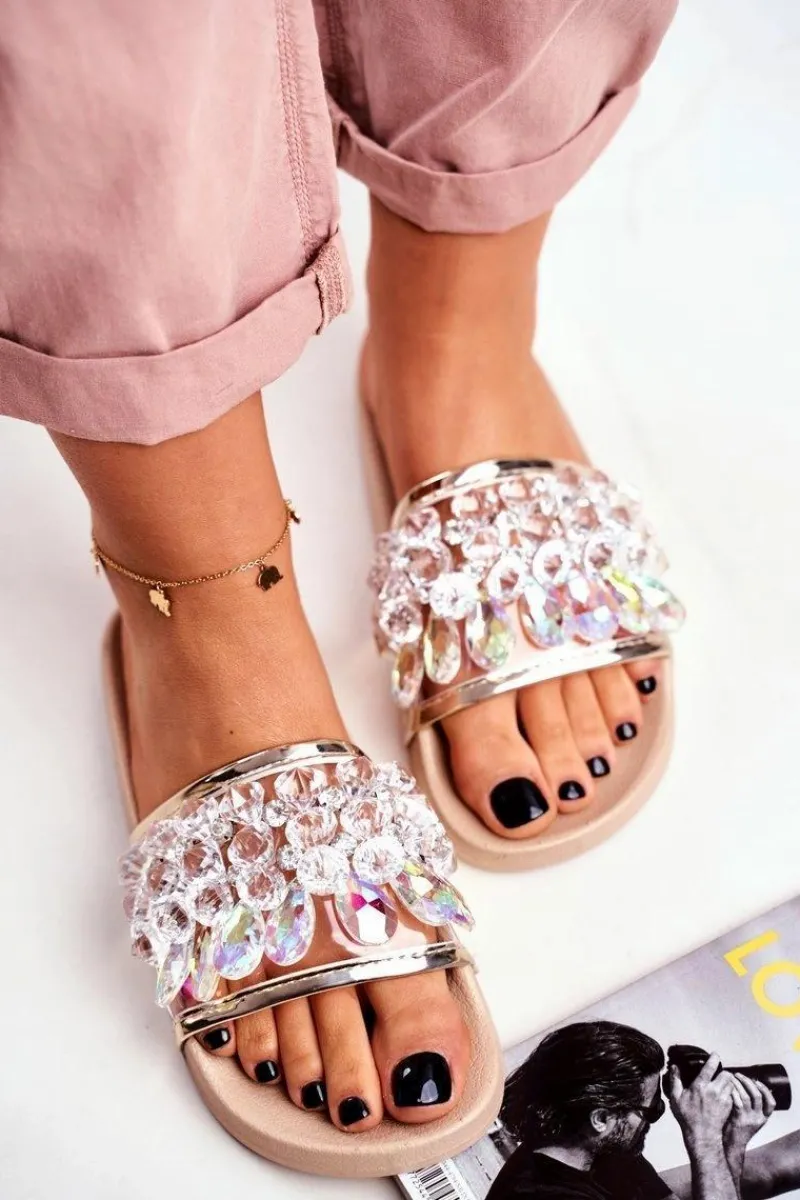 Sale Damskie Klapki Lu Boo Kryształki Beżowe Bobbi Damskie Klapki Damskie Klasyczne