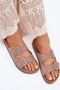 Klapki Korkowe|Klapki Na Platformie></noscript>Boto Damskie Klapki Na Korkowej Platformie Z Klamrami Ciemnobeżowe Aviora