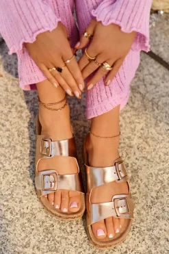 Hot Boto Damskie Klapki Na Korkowej Platformie Z Klamrami Różowe Złoto Klinesta