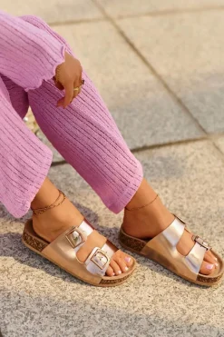 Hot Boto Damskie Klapki Na Korkowej Platformie Z Klamrami Różowe Złoto Klinesta