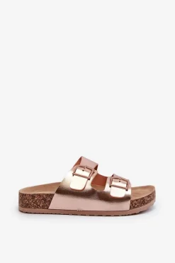 Hot Boto Damskie Klapki Na Korkowej Platformie Z Klamrami Różowe Złoto Klinesta