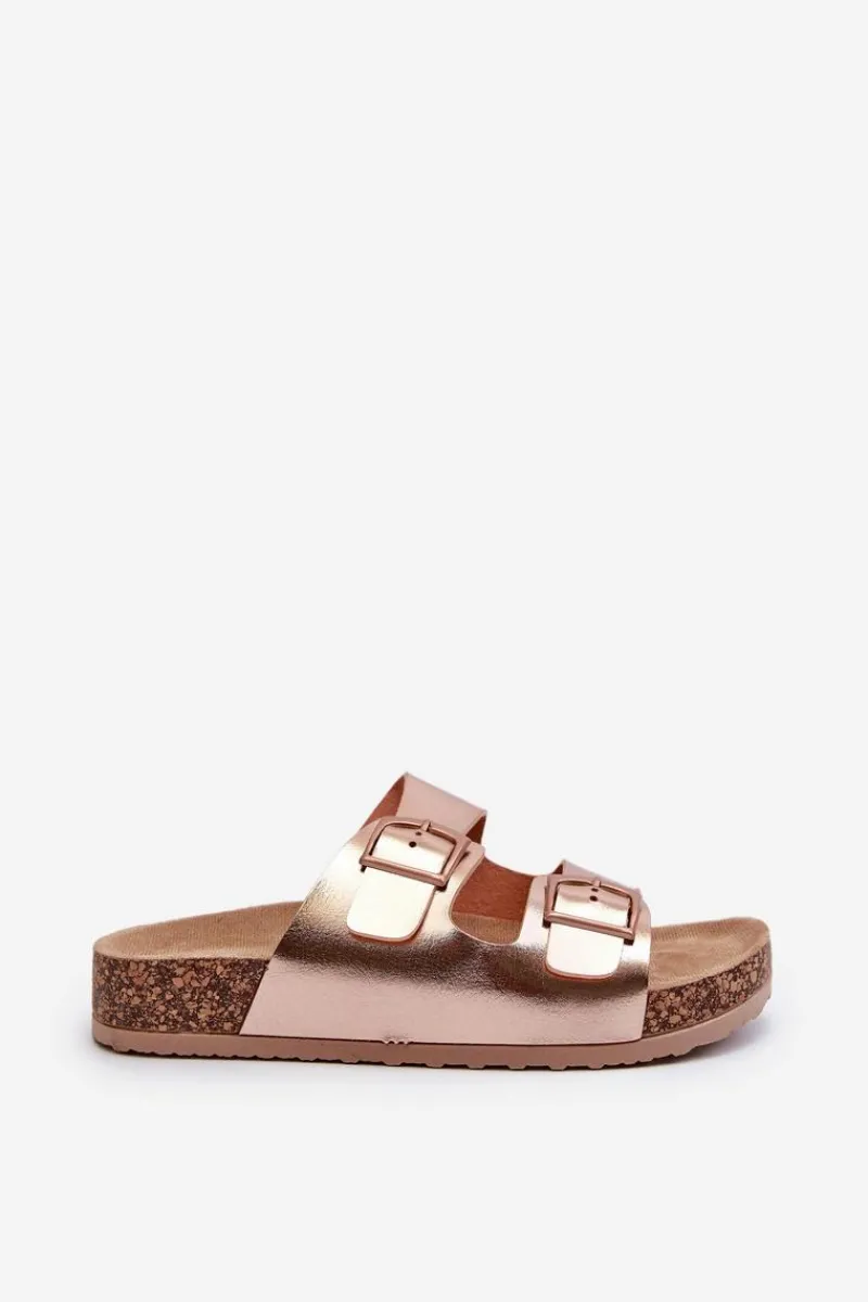 Hot Boto Damskie Klapki Na Korkowej Platformie Z Klamrami Różowe Złoto Klinesta