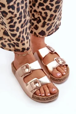 Hot Boto Damskie Klapki Na Korkowej Platformie Z Klamrami Różowe Złoto Klinesta