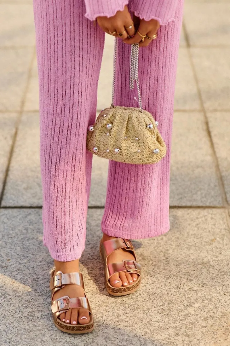 Hot Boto Damskie Klapki Na Korkowej Platformie Z Klamrami Różowe Złoto Klinesta