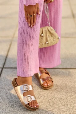 Hot Boto Damskie Klapki Na Korkowej Platformie Z Klamrami Różowe Złoto Klinesta