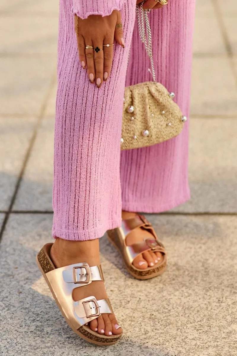 Hot Boto Damskie Klapki Na Korkowej Platformie Z Klamrami Różowe Złoto Klinesta