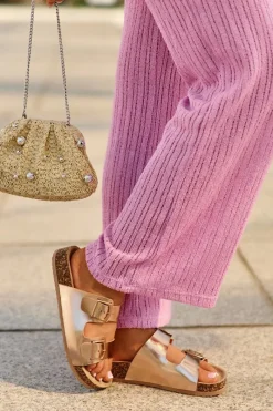 Hot Boto Damskie Klapki Na Korkowej Platformie Z Klamrami Różowe Złoto Klinesta