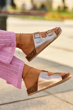 Hot Boto Damskie Klapki Na Korkowej Platformie Z Klamrami Różowe Złoto Klinesta