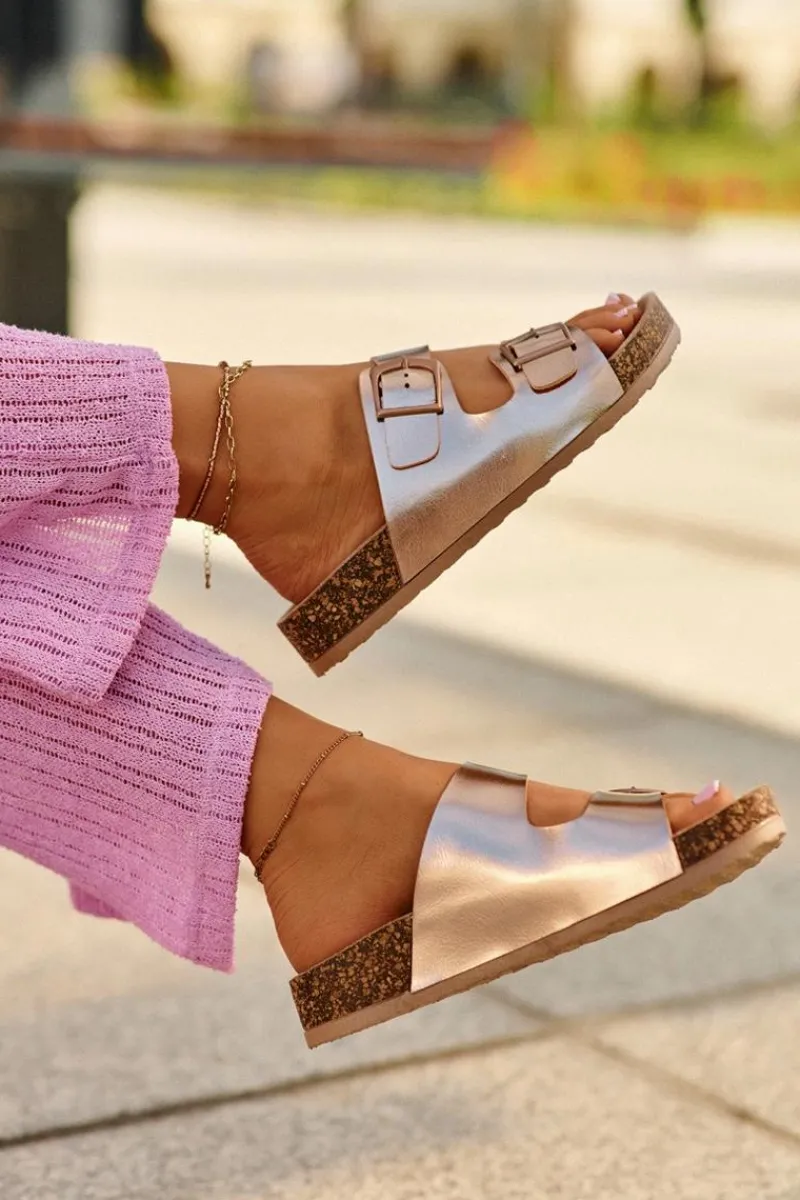 Hot Boto Damskie Klapki Na Korkowej Platformie Z Klamrami Różowe Złoto Klinesta