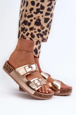 Hot Boto Damskie Klapki Na Korkowej Platformie Z Klamrami Różowe Złoto Klinesta