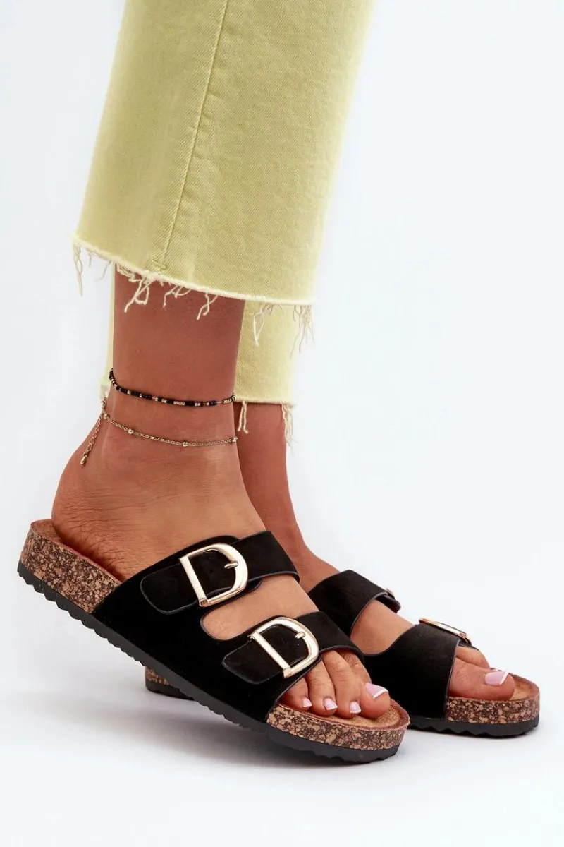 New Boto Damskie Klapki Na Korkowej Platformie Z Paskami Czarne Doretta