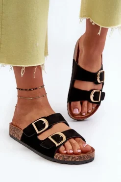 New Boto Damskie Klapki Na Korkowej Platformie Z Paskami Czarne Doretta